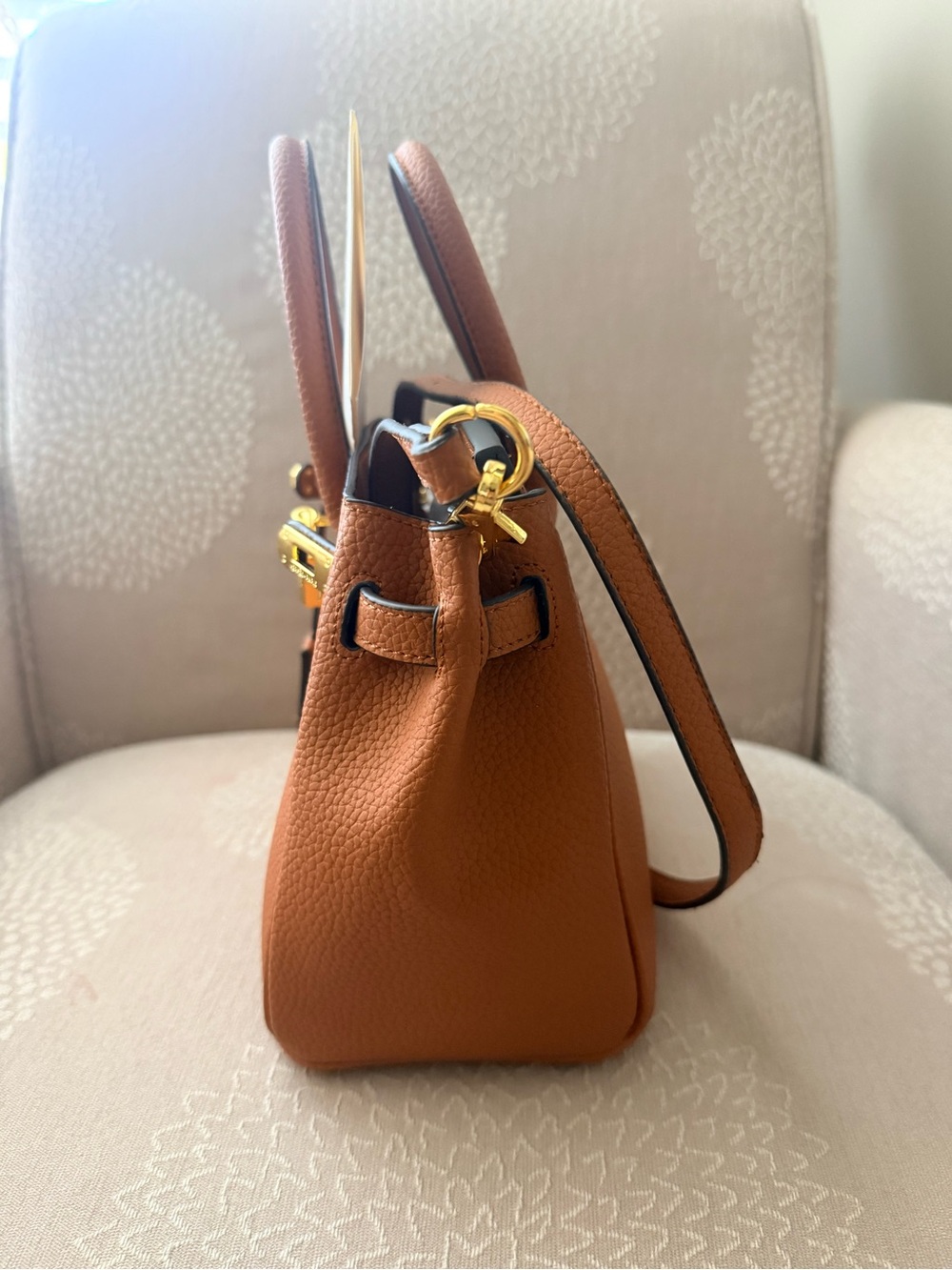Structured Brown Leather Satchel Handbag with Gold Hardware - Picture 2 of 2
